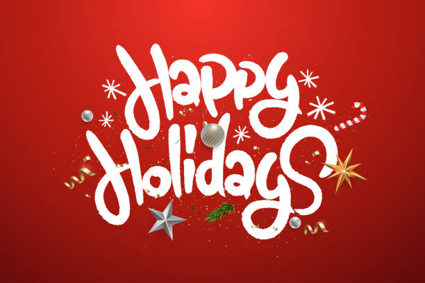 Happy Holidays hand drawn calligraphy in spray paint lettering style. Christmas and Happy New Year greeting card design with white text and decorations isolated on red background. Vector illustration Happy Holidays hand drawn calligraphy in spray paint lettering style. Christmas and Happy New Year greeting card design with white text and decorations isolated on red background. Vector illustration happy holidays short phrase stock illustrations