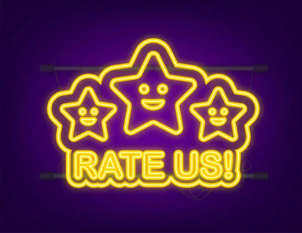 Vector illustration of Rating stars. Flat design. User reviews, rating, classification concept. Neon icon. Enjoying the app. Rate us. Vector illustration.