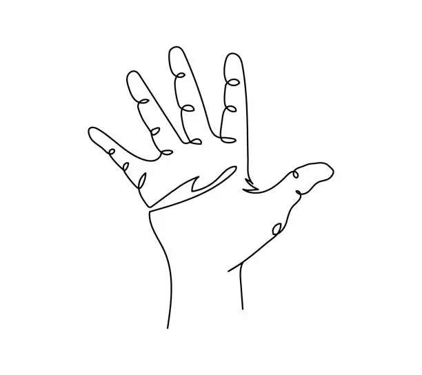 Vector illustration of Greeting gesture one line art. Continuous line drawing of gesture, palm, greeting gesture, right hand.
