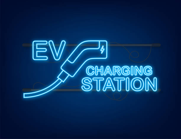 Electric cars charging on empty parking, fast supercharger station and many free charger stalls. Vehicle on electricity network grid Electric cars charging on empty parking, fast supercharger station and many free charger stalls. Vehicle on electricity network grid. electric plug dark stock illustrations