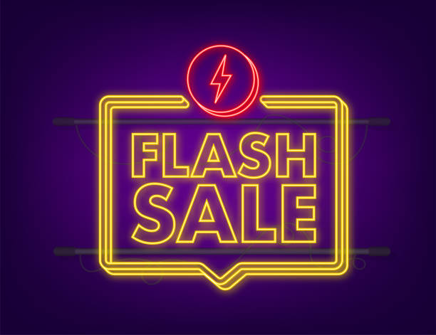 ilustrações, clipart, desenhos animados e ícones de venda flash. banner flash neon, pergaminho, etiqueta de preço, adesivo, pôster do crachá ilustração vetorial - stock exchange flash