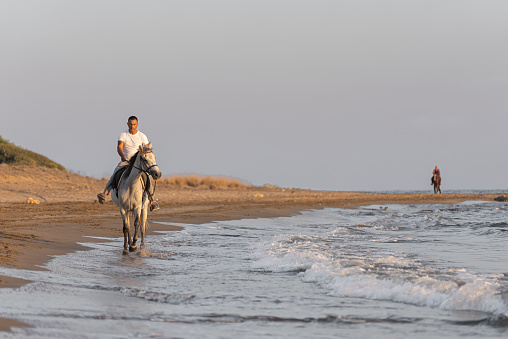 Man rides a gray horse on the beach .