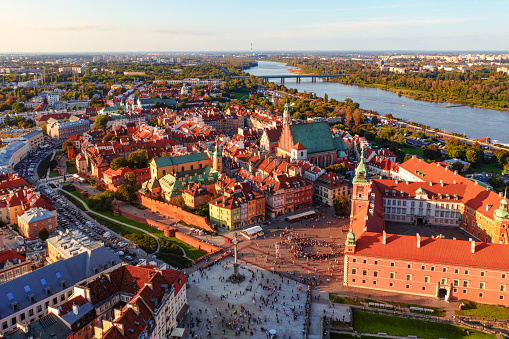 Aerial view of Warsaw old town in Poland during sunset