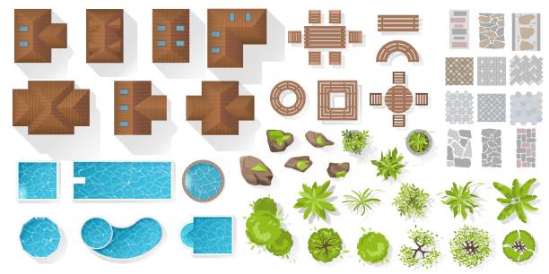 Mobile Set Architectural and Landscape elements, top view. Collection of houses, plants, garden, trees, swimming pools, outdoor wooden furniture, tile. Flat vector. Tables, benches, chairs. View from above. tree plan view stock illustrations