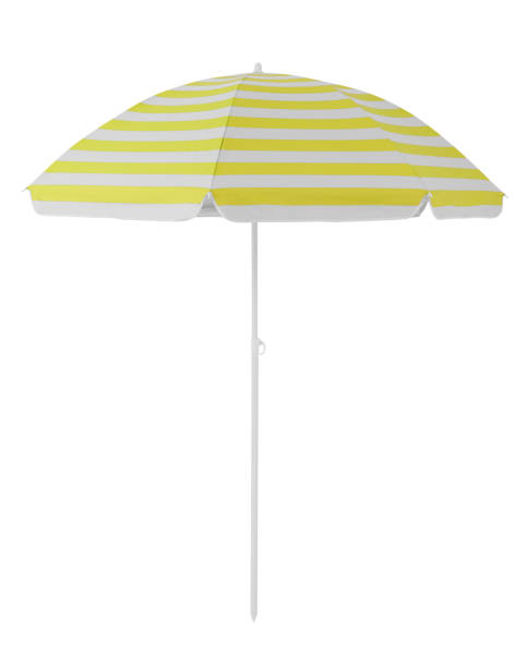 istock Yellow beach umbrella parasol isolated on white background 1346243105