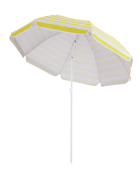 istock Yellow beach umbrella parasol isolated on white background 1346243106