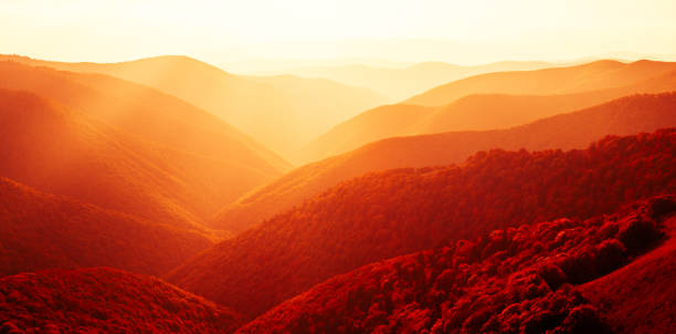 Panorama of autumn mountains at sunset