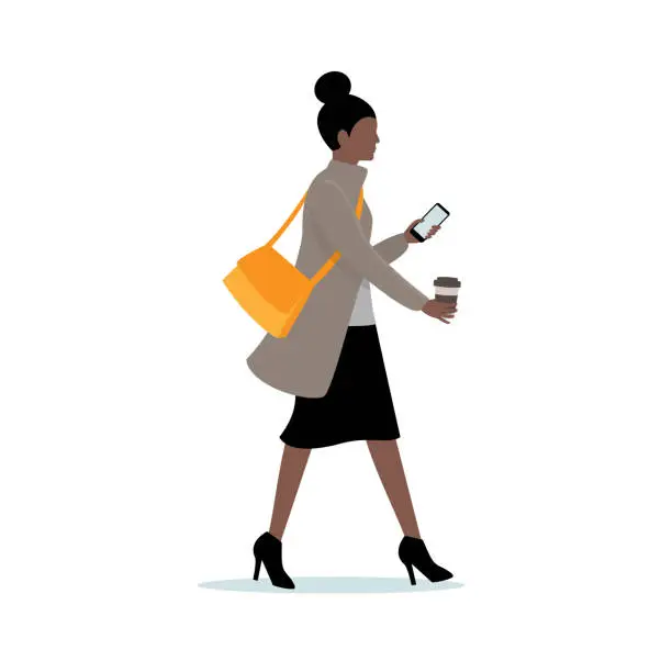 Vector illustration of Business woman walking in hurry, holding cell phone and coffee cup.