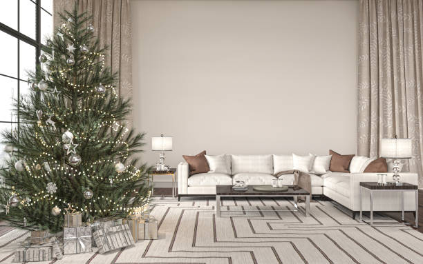 istock Christmas tree with presents in living room interior design. Hampton style. Mockup white wall in luxury home background. 3d render illustration. 1346247024