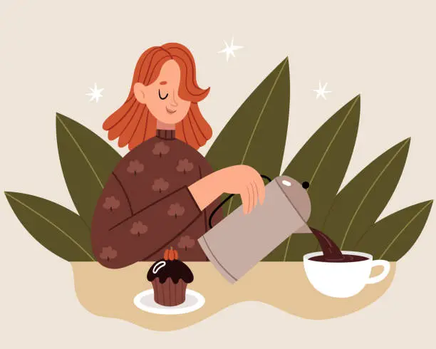 Vector illustration of A sleepy girl pours herself a lot of coffee through the French press. Dark autumn morning. Early rise.