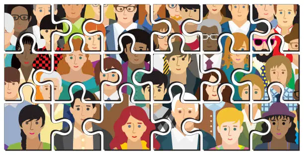 Vector illustration of Social network scheme, which contains people icons in the form of jigsaw puzzle pieces.