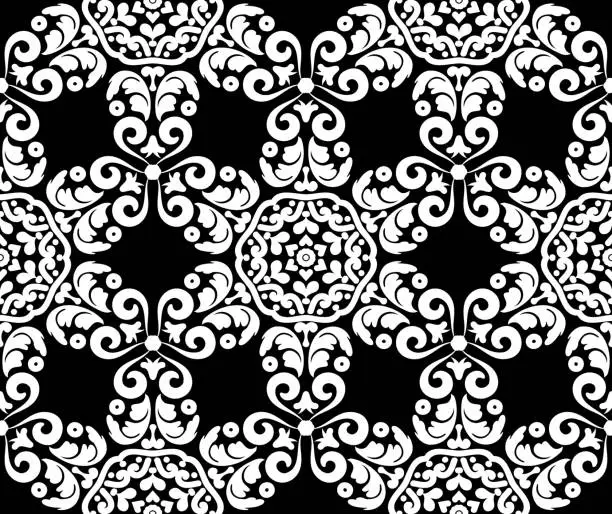 Vector illustration of Fantastic white flowers on a black background. Seamless floral vintage pattern. Decorative ornate texture. Black and white. For fabric, wallpaper, venetian pattern,textile, packaging.
