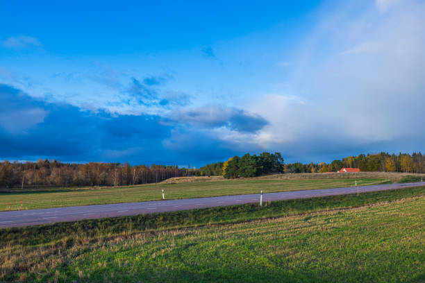Beautiful autumn nature landscape view . Highway between green fields on blue sky background. Sweden.