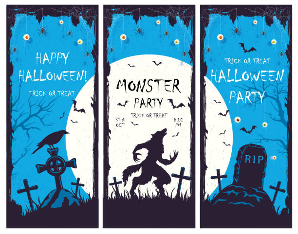 set aus blauen halloween bannern mit partyeinladungen - frame grunge halloween backgrounds stock-grafiken, -clipart, -cartoons und -symbole