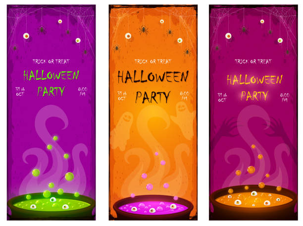 set von halloween party banner mit trank im kessel - frame grunge halloween backgrounds stock-grafiken, -clipart, -cartoons und -symbole