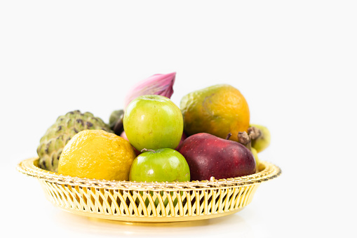 Golden Tray Pooja Ki Thali With Fruits Like Sev, Santara, Ber, Custard Apple shareepha. Theme For Diwali, Navratri, Dussehra Puja, Deepawali, Karva Chauth, Teej, Ganesh Chaturthi Or Shubh Deepavali