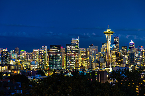Panoramic view of Seattle cityscape and Space Needle at night, Washington, USA