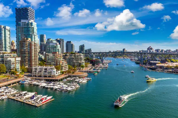 Panoramic aerial view of  False creek in Vancouver in a sunny day, Canada