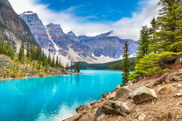 Lake Moraine, Banff National Park Panoramic view of Lake Moraine, Banff National Park Of Canada jasper national park stock pictures, royalty-free photos & images