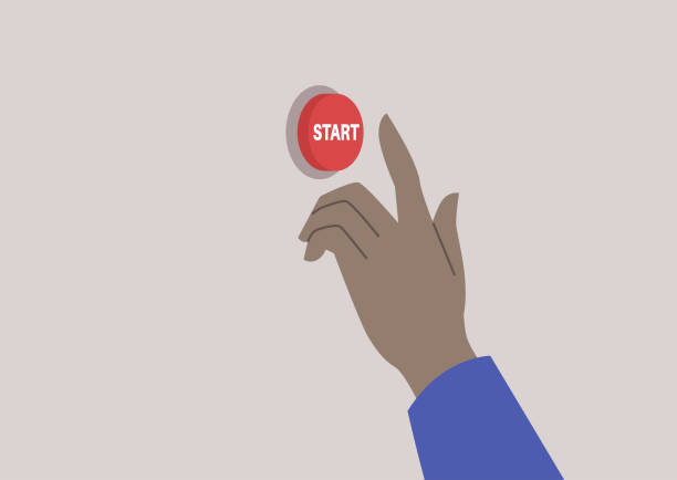 ilustrações, clipart, desenhos animados e ícones de uma mão apertando um botão de partida vermelho, o início do desafio - push buttons