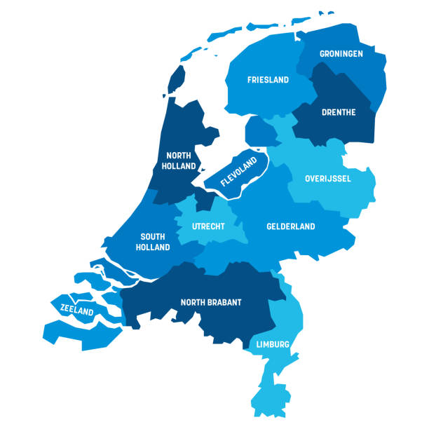 Netherlands - map of provinces Blue political map of Netherlands. Administrative divisions - states. Simple flat vector map with labels. netherlands stock illustrations