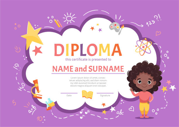 ilustraciones, imágenes clip art, dibujos animados e iconos de stock de certificado de diploma para niños para jardín de infantes o preescolar de primaria con una linda niña negra con cabello rizado y oscuro - child preschool backgrounds baby