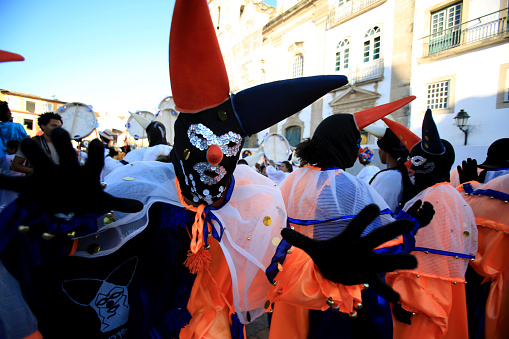 salvador, bahia / brazil - february 5, 2016: masked men are seen in Pelourinho during the carnival in the city of Salvador.