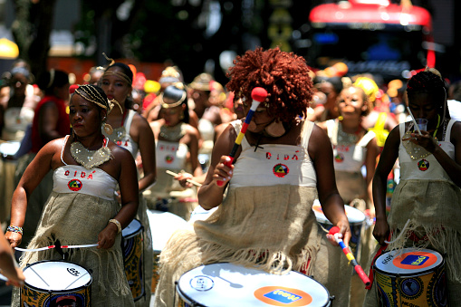 salvador, bahia / brazil - march 3, 2014: members of percussion band Dida are seen during a performance at Circuito Osmar, during the Carnival of the city of Salvador.
