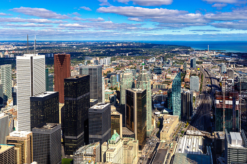 Panoramic aerial view of Toronto from CN Tower in a sunny day, Ontario, Canada