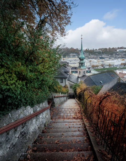 imbergstiege stairs and st johns on imberg church during autumn - salzburg, austria - imberg imagens e fotografias de stock