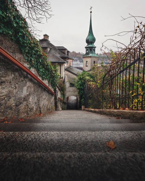 imbergstiege stairs and st johns on imberg church during autumn - salzburg, austria - imberg imagens e fotografias de stock