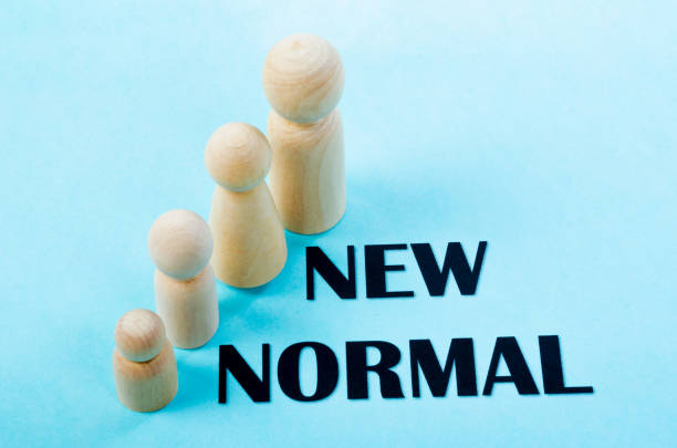 Person wooden doll standing with New normal.