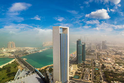 Panoramic aerial view of Abu Dhabi skyscrapers in a summer day, United Arab Emirates