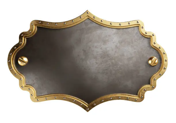 Empty metal plate with brass border. Steampunk style. Isolated, clipping path included. 3d