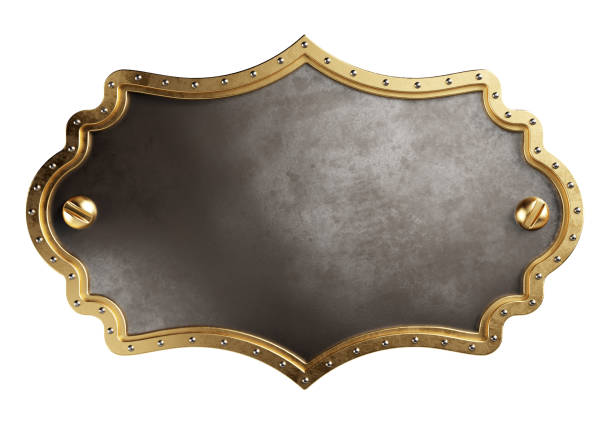 empty metal plate with brass border. steampunk style. isolated, clipping path included. 3d - 名牌 辦公室用品 個照片及圖片檔