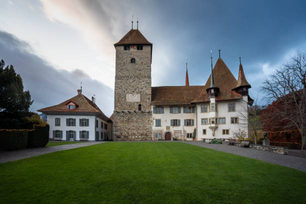 castelo spiez (schloss spiez) - spiez, suíça - lake thun switzerland night lake - fotografias e filmes do acervo