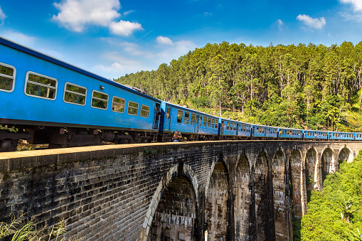 Old Train at Nine arch bridge in Sri Lanka in a sunny day