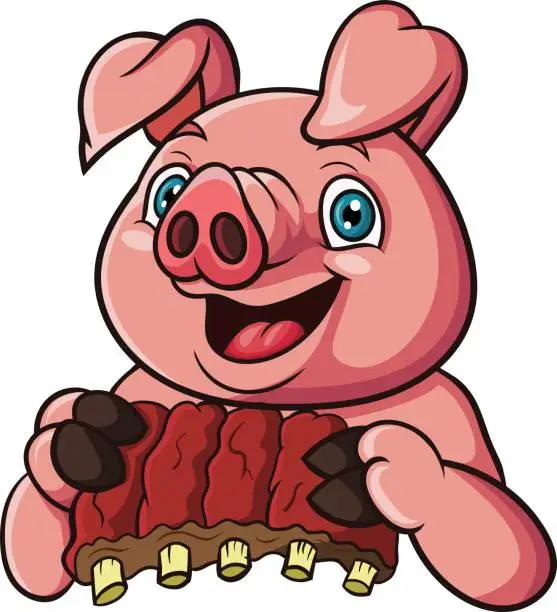 Vector illustration of Cartoon pig holding meat ribs