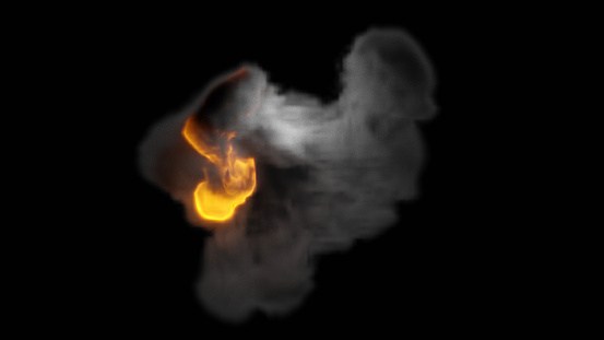 An orange fireball and its smoke trail with dark background (3D Rendering)