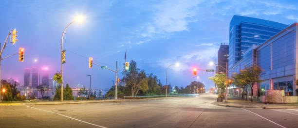 The Windsor, Ontario skyline during the early morning hours with  fog in the area.