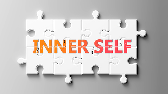 Inner self complex like a puzzle - pictured as word Inner self on a puzzle pieces to show that Inner self can be difficult and needs cooperating pieces that fit together, 3d illustration