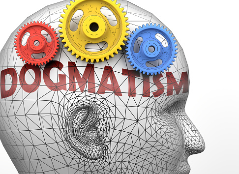 Dogmatism and human mind - pictured as word Dogmatism inside a head to symbolize relation between Dogmatism and the human psyche, 3d illustration.