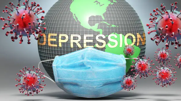 Depression and covid - Earth globe protected with a blue mask against attacking corona viruses to show the relation between Depression and current events, 3d illustration.