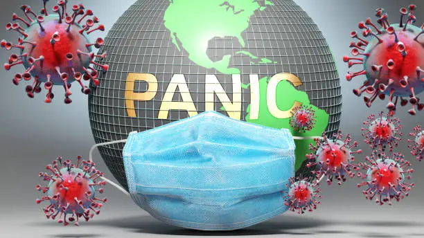 Photo of Panic and covid - Earth globe protected with a blue mask against attacking corona viruses to show the relation between Panic and current events, 3d illustration