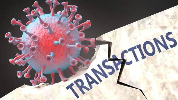 Covid virus destroying transactions - big corona virus breaking a solid, sturdy and established transactions structure, to symbolize problems and chaos caused by covid pandemic, 3d illustration.