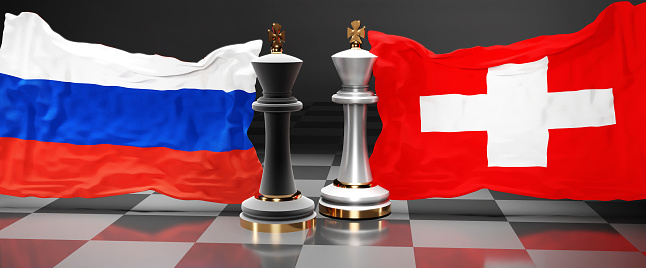 Russia Switzerland summit, fight or a stand off between those two countries that aims at solving political issues, symbolized by a chess game with national flags, 3d illustration.