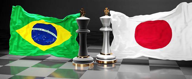 Brazil Japan summit, fight or a stand off between those two countries that aims at solving political issues, symbolized by a chess game with national flags, 3d illustration.