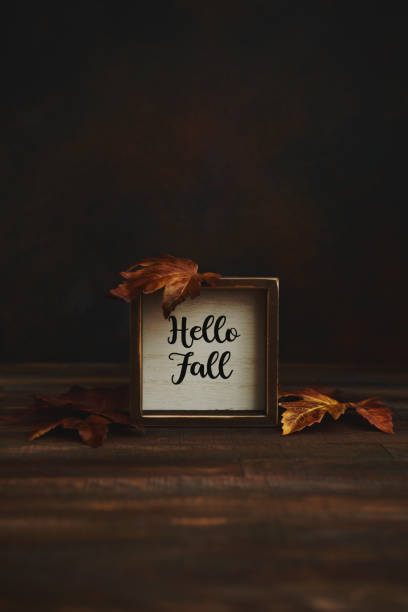 istock Hello Fall Sign with Leaves on Rustic Wood Background 1346279881