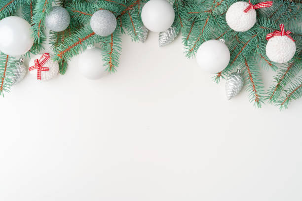 istock Christmas mock up with pine branches on white background, copy space, flatlay 1346282570