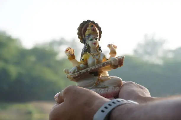 Hindu goddess devi sarswati on hand image